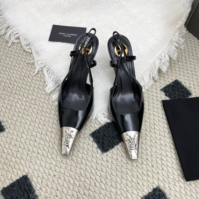 YSL 25S HIGH-HEEL SLINGBACKS 65 MM IN BLACK LAMBSKIN AND SILVER HARDWARE