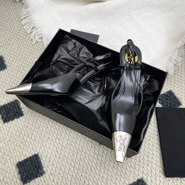 YSL 25S HIGH-HEEL SLINGBACKS 65 MM IN BLACK LAMBSKIN AND SILVER HARDWARE