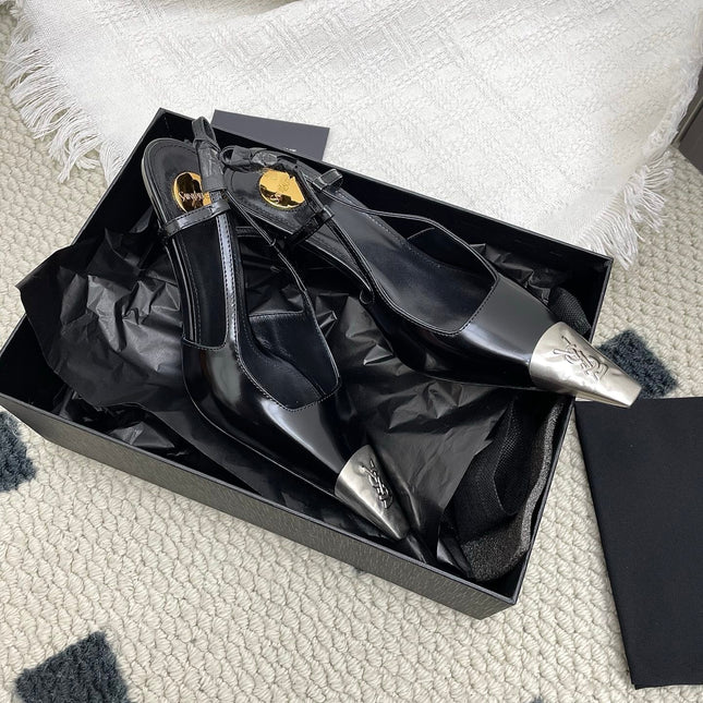 YSL 25S HIGH-HEEL SLINGBACKS 65 MM IN BLACK LAMBSKIN AND SILVER HARDWARE