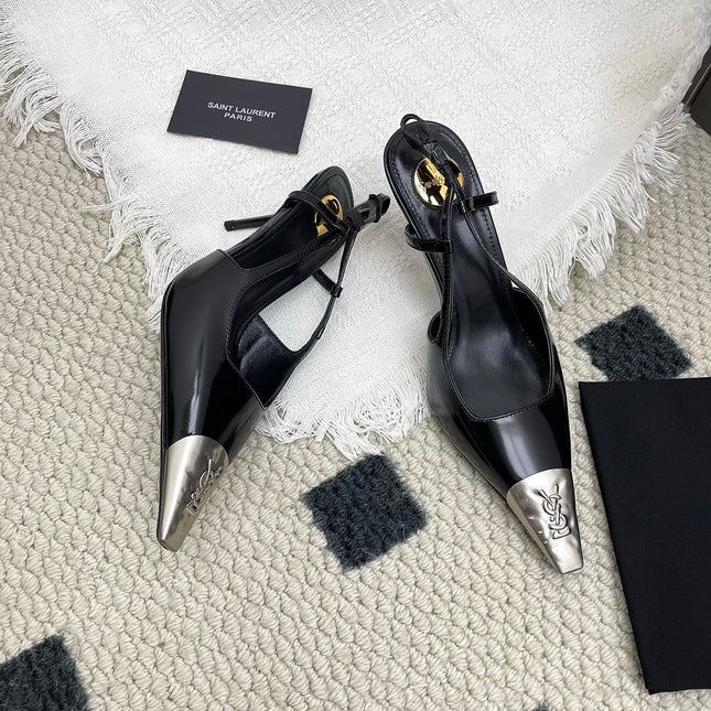 YSL 25S HIGH-HEEL SLINGBACKS 65 MM IN BLACK LAMBSKIN AND SILVER HARDWARE