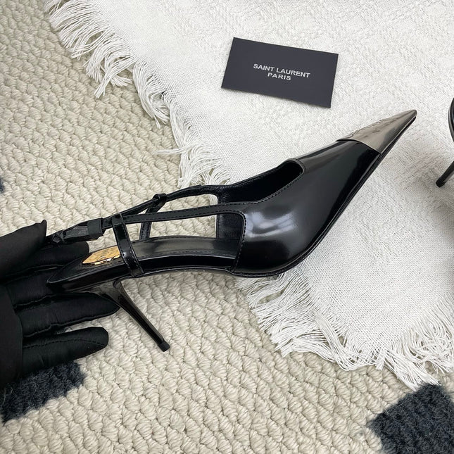 YSL 25S HIGH-HEEL SLINGBACKS 65 MM IN BLACK LAMBSKIN AND SILVER HARDWARE