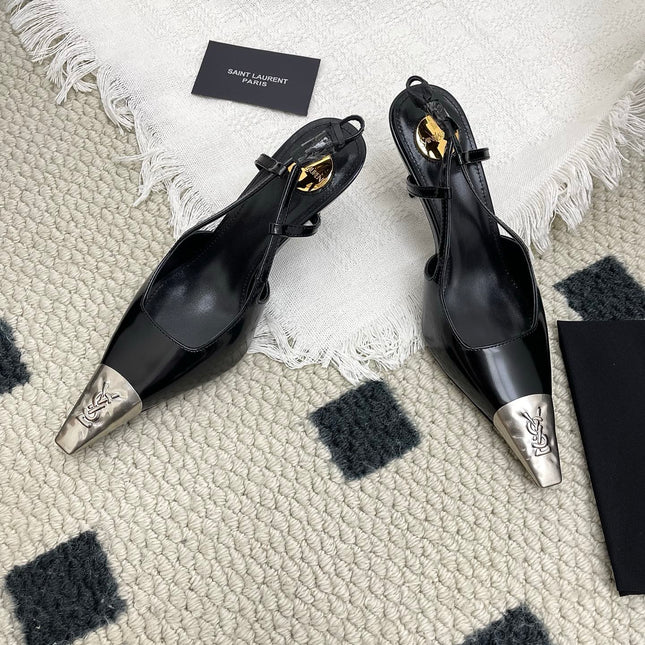 YSL 25S HIGH-HEEL SLINGBACKS 65 MM IN BLACK LAMBSKIN AND SILVER HARDWARE