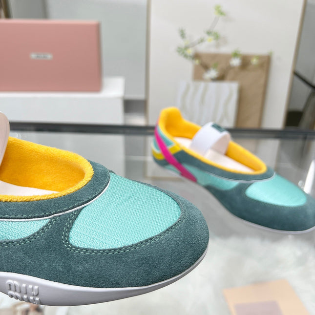 GYMNASIUM BALLERINAS IN GREEN PINK YELLOW TECHNICAL FABRIC AND SUEDE