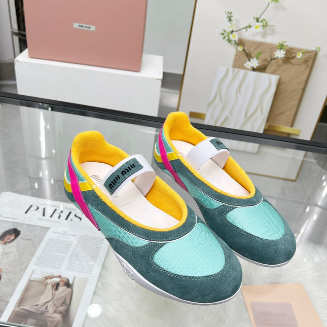 GYMNASIUM BALLERINAS IN GREEN PINK YELLOW TECHNICAL FABRIC AND SUEDE