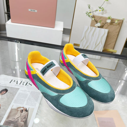 GYMNASIUM BALLERINAS IN GREEN PINK YELLOW TECHNICAL FABRIC AND SUEDE