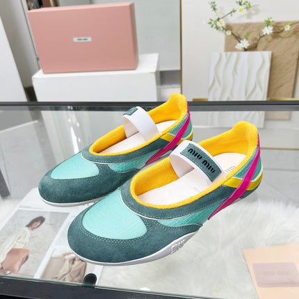 GYMNASIUM BALLERINAS IN GREEN PINK YELLOW TECHNICAL FABRIC AND SUEDE