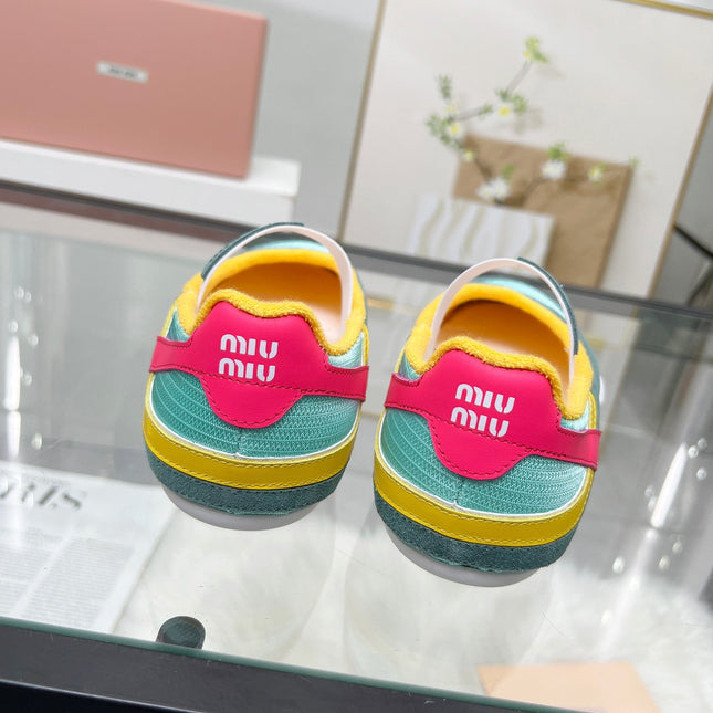 GYMNASIUM BALLERINAS IN GREEN PINK YELLOW TECHNICAL FABRIC AND SUEDE