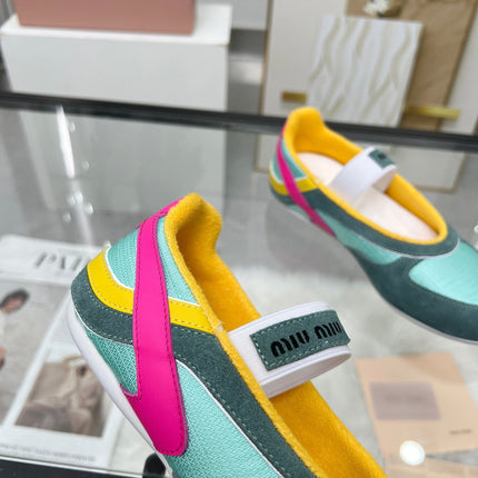 GYMNASIUM BALLERINAS IN GREEN PINK YELLOW TECHNICAL FABRIC AND SUEDE