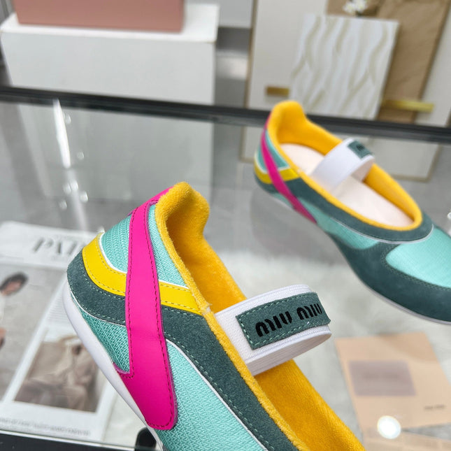 GYMNASIUM BALLERINAS IN GREEN PINK YELLOW TECHNICAL FABRIC AND SUEDE
