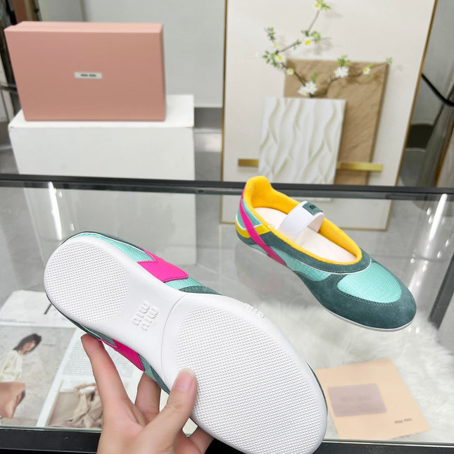 GYMNASIUM BALLERINAS IN GREEN PINK YELLOW TECHNICAL FABRIC AND SUEDE