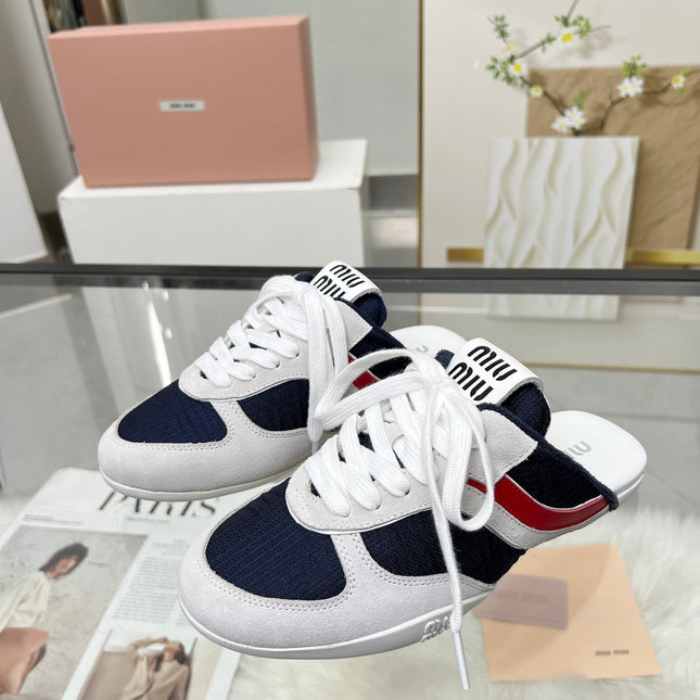 GYMNASIUM SNEAKERS MULES IN OFF WHITE SUEDE AND NAVY BLUE TECHNICAL FABRIC