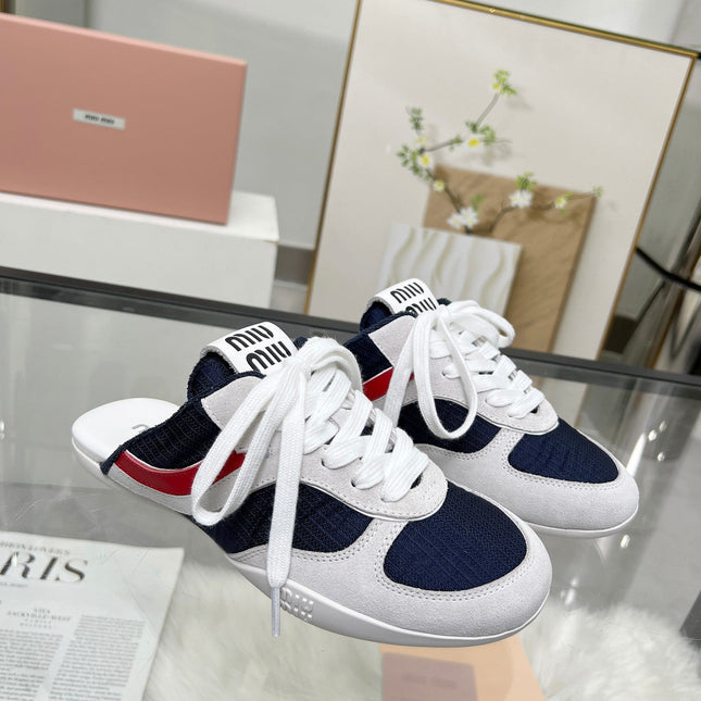 GYMNASIUM SNEAKERS MULES IN OFF WHITE SUEDE AND NAVY BLUE TECHNICAL FABRIC