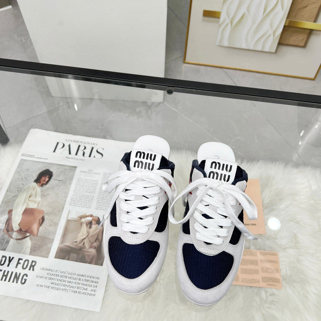 GYMNASIUM SNEAKERS MULES IN OFF WHITE SUEDE AND NAVY BLUE TECHNICAL FABRIC