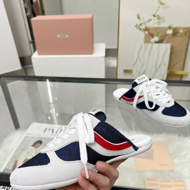 GYMNASIUM SNEAKERS MULES IN OFF WHITE SUEDE AND NAVY BLUE TECHNICAL FABRIC