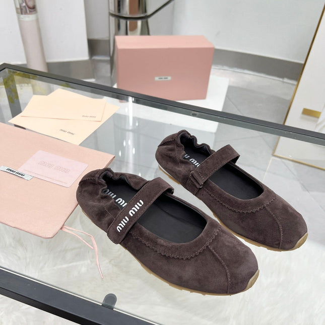 RUCHES NAPPA BALLERINAS IN DARK BROWN SUEDE