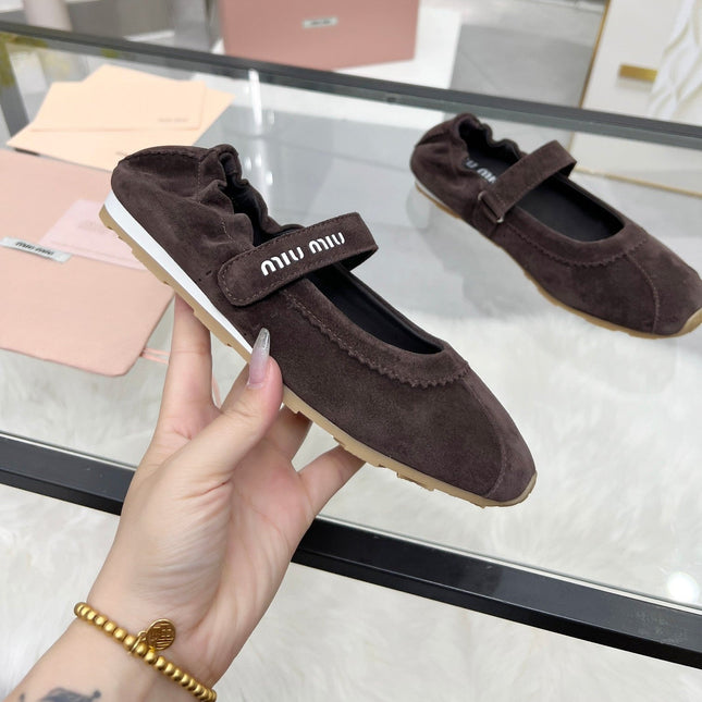 RUCHES NAPPA BALLERINAS IN DARK BROWN SUEDE