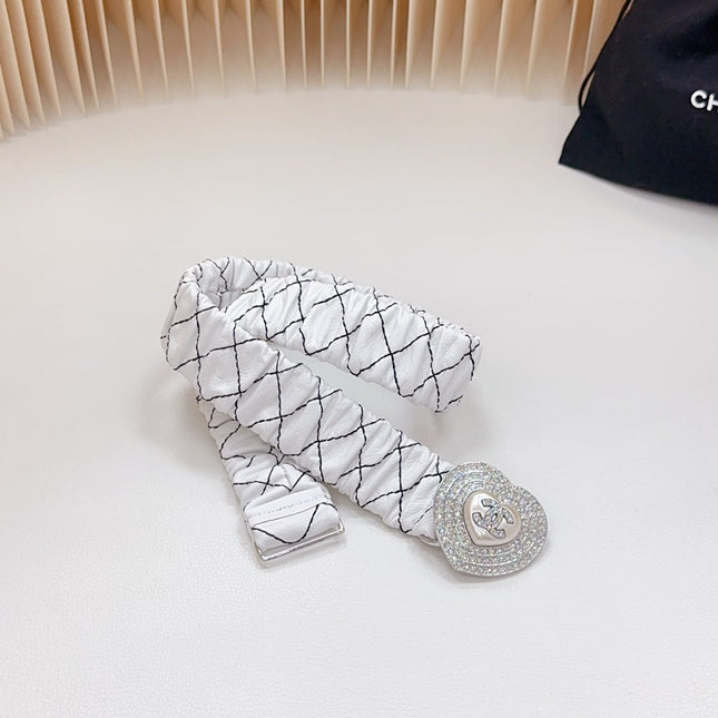 CC ELASTIC 30 MM BELT HEART BUCKLE IN WHITE EMBROIDERED CALFSKIN GOLD HARDWARE ATTACH RHINSTONES