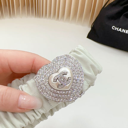 CC ELASTIC 30 MM BELT HEART BUCKLE IN WHITE CHIFFON CALFSKIN SILVER HARDWARE ATTACH RHINSTONES