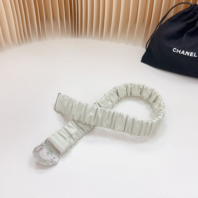 CC ELASTIC 30 MM BELT HEART BUCKLE IN WHITE CHIFFON CALFSKIN SILVER HARDWARE ATTACH RHINSTONES