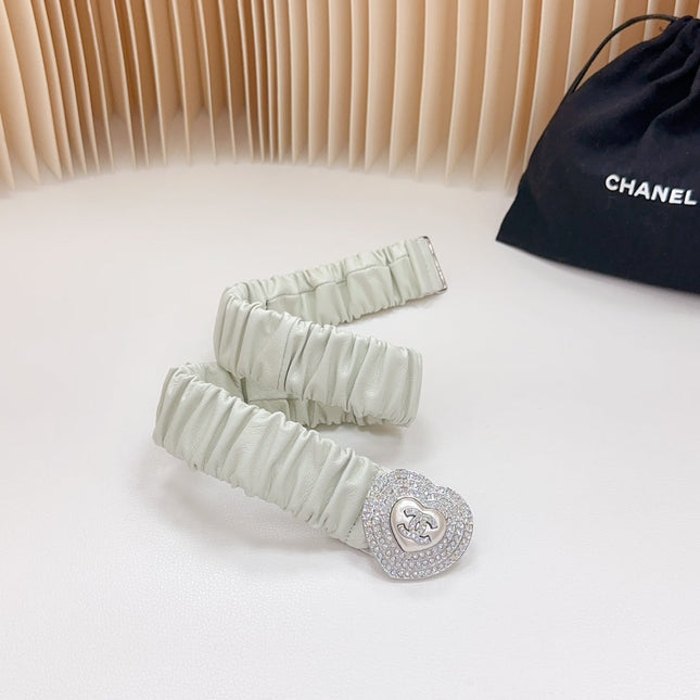 CC ELASTIC 30 MM BELT HEART BUCKLE IN WHITE CHIFFON CALFSKIN SILVER HARDWARE ATTACH RHINSTONES