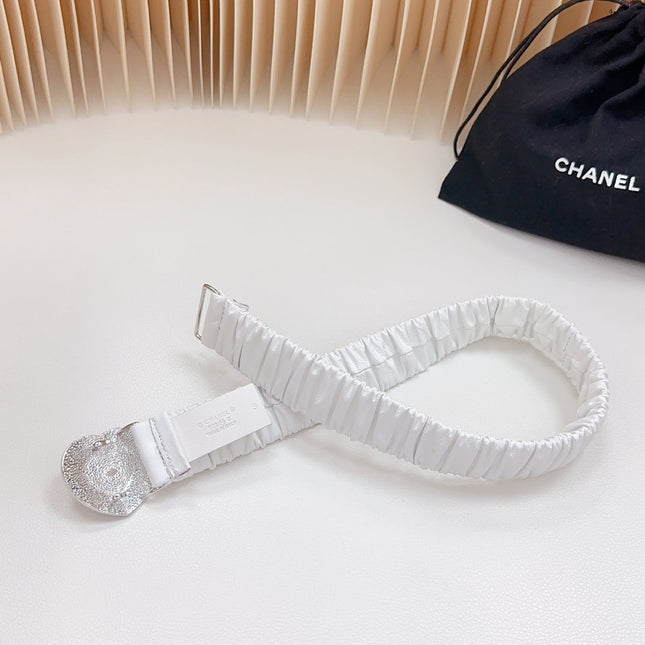 CC ELASTIC 30 MM BELT HEART BUCKLE IN WHITE CALFSKIN SILVER HARDWARE ATTACH RHINSTONES