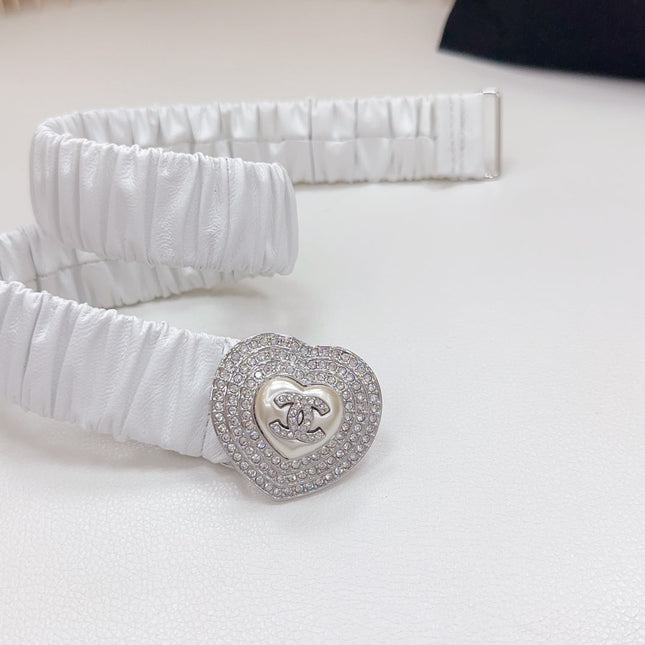 CC ELASTIC 30 MM BELT HEART BUCKLE IN WHITE CALFSKIN SILVER HARDWARE ATTACH RHINSTONES