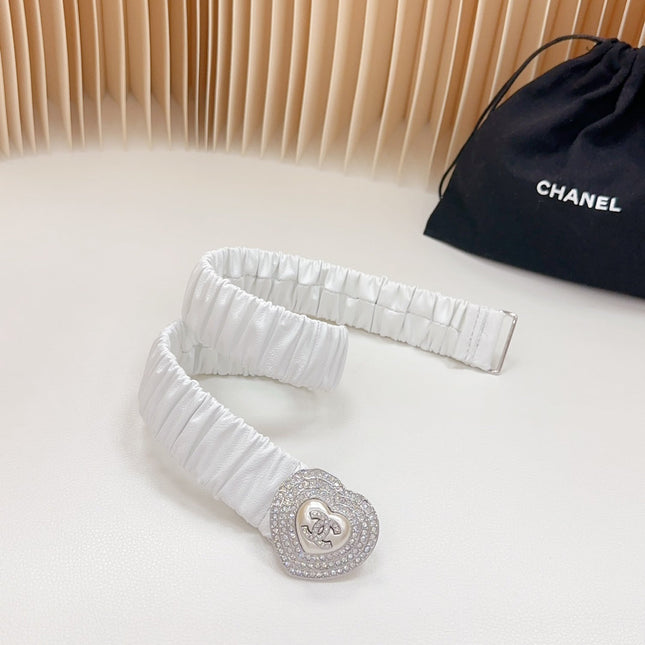 CC ELASTIC 30 MM BELT HEART BUCKLE IN WHITE CALFSKIN SILVER HARDWARE ATTACH RHINSTONES