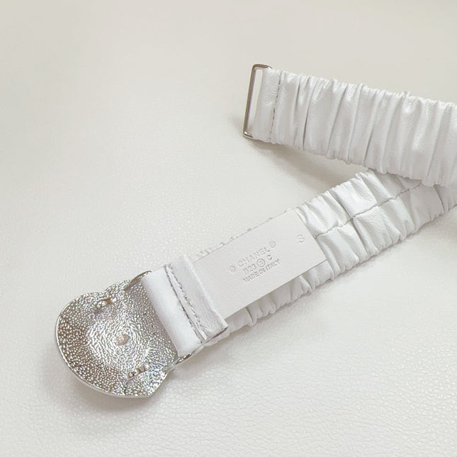CC ELASTIC 30 MM BELT HEART BUCKLE IN WHITE CALFSKIN SILVER HARDWARE ATTACH RHINSTONES