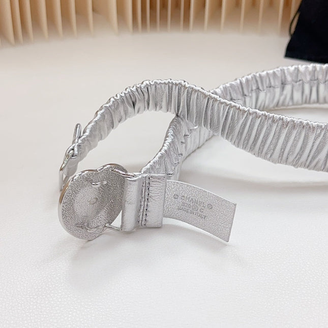 CC ELASTIC 30 MM BELT HEART BUCKLE IN SILVER CHIFFON CALFSKIN SILVER HARDWARE ATTACH RHINSTONES