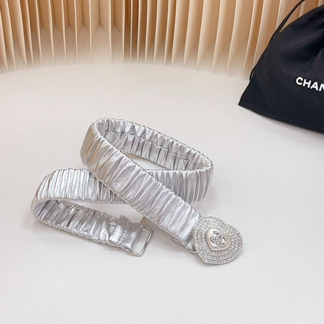 CC ELASTIC 30 MM BELT HEART BUCKLE IN SILVER CHIFFON CALFSKIN SILVER HARDWARE ATTACH RHINSTONES