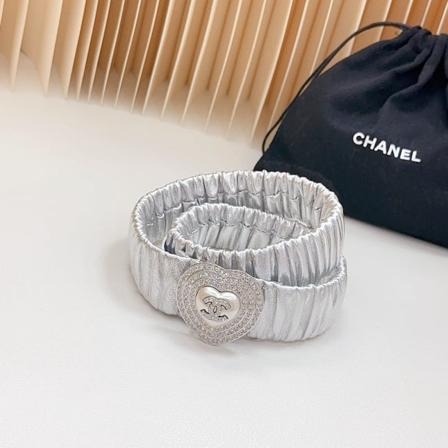 CC ELASTIC 30 MM BELT HEART BUCKLE IN SILVER CHIFFON CALFSKIN SILVER HARDWARE ATTACH RHINSTONES