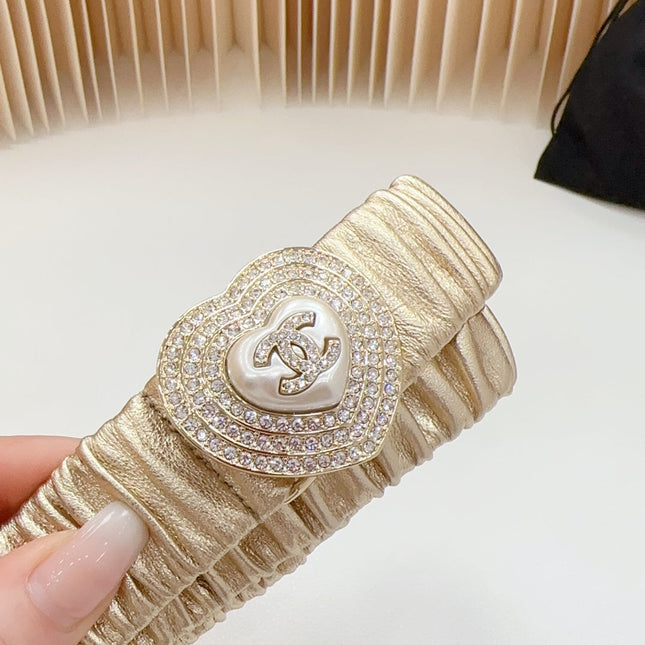 CC ELASTIC 30 MM BELT HEART BUCKLE IN GOLDEN CHIFFON CALFSKIN GOLD HARDWARE ATTACH RHINSTONES
