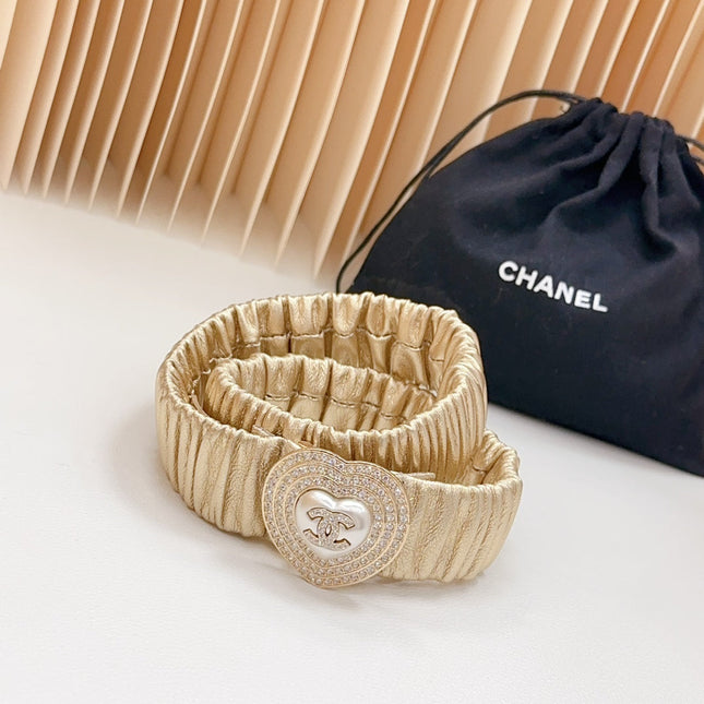 CC ELASTIC 30 MM BELT HEART BUCKLE IN GOLDEN CHIFFON CALFSKIN GOLD HARDWARE ATTACH RHINSTONES