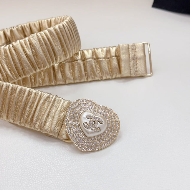 CC ELASTIC 30 MM BELT HEART BUCKLE IN GOLDEN CHIFFON CALFSKIN GOLD HARDWARE ATTACH RHINSTONES