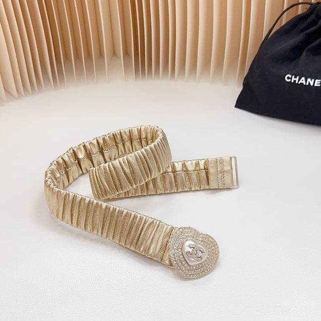 CC ELASTIC 30 MM BELT HEART BUCKLE IN GOLDEN CHIFFON CALFSKIN GOLD HARDWARE ATTACH RHINSTONES