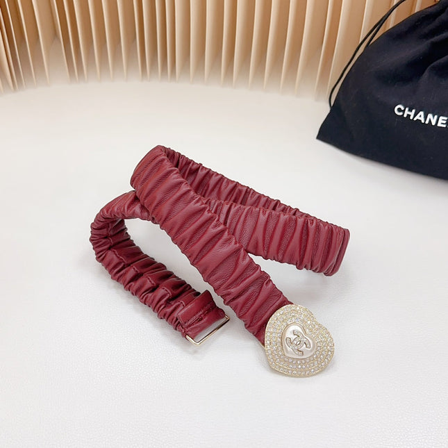 CC ELASTIC 30 MM BELT HEART BUCKLE IN BLOOD RED CALFSKIN GOLD HARDWARE ATTACH RHINSTONES