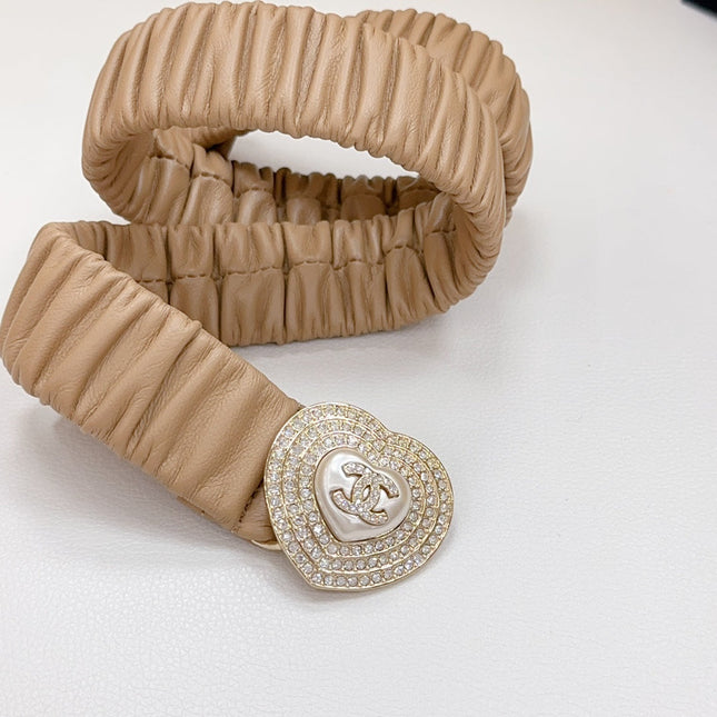 CC ELASTIC 30 MM BELT HEART BUCKLE IN CAMEL BROWN CALFSKIN GOLD HARDWARE ATTACH RHINSTONES