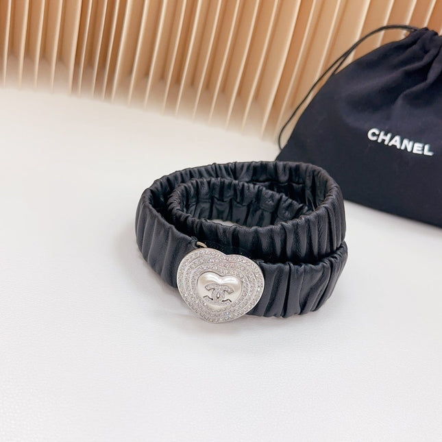 CC ELASTIC 30 MM BELT HEART BUCKLE IN BLACK CALFSKIN SILVER HARDWARE ATTACH RHINSTONES