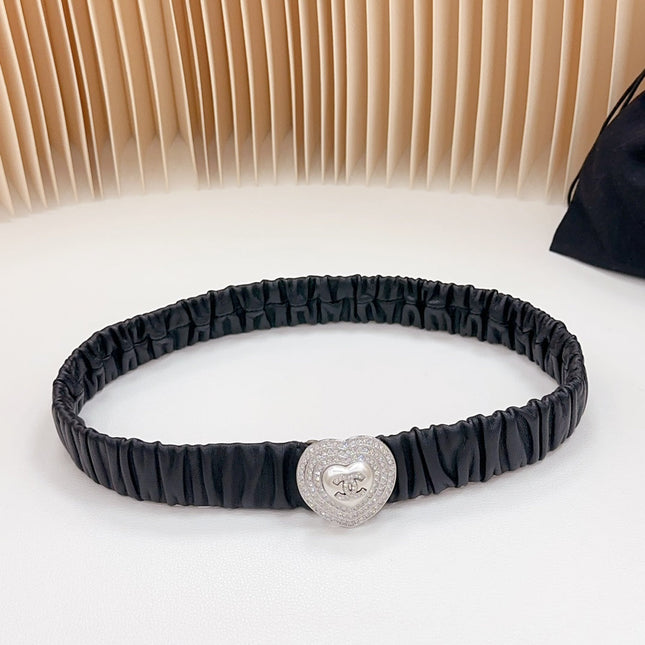 CC ELASTIC 30 MM BELT HEART BUCKLE IN BLACK CALFSKIN SILVER HARDWARE ATTACH RHINSTONES