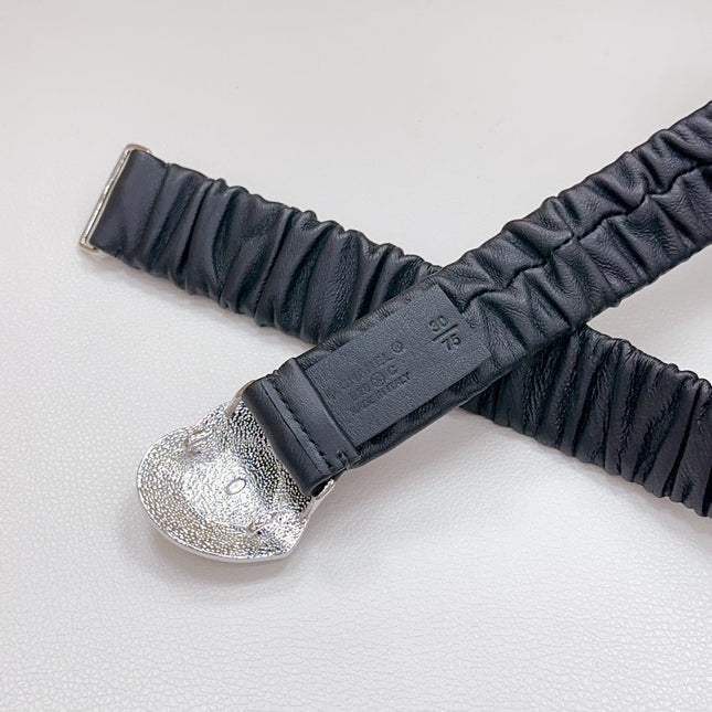 CC ELASTIC 30 MM BELT HEART BUCKLE IN BLACK CALFSKIN SILVER HARDWARE ATTACH RHINSTONES