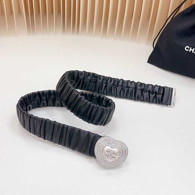 CC ELASTIC 30 MM BELT HEART BUCKLE IN BLACK CALFSKIN SILVER HARDWARE ATTACH RHINSTONES