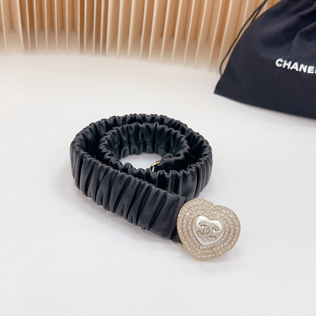 CC ELASTIC 30 MM BELT HEART BUCKLE IN BLACK CALFSKIN GOLD HARDWARE ATTACH RHINSTONES