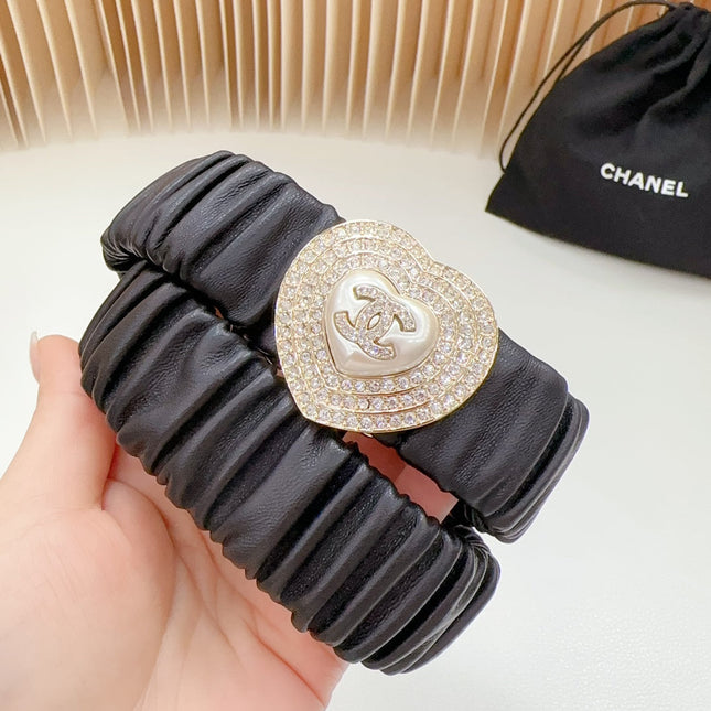 CC ELASTIC 30 MM BELT HEART BUCKLE IN BLACK CALFSKIN GOLD HARDWARE ATTACH RHINSTONES