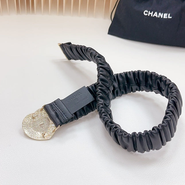CC ELASTIC 30 MM BELT HEART BUCKLE IN BLACK CALFSKIN GOLD HARDWARE ATTACH RHINSTONES