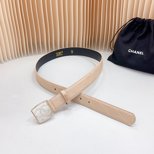 CC 30 MM BELT SQUARE BUCKLE IN BISQUE BEIGE EMBROIDERED CALFSKIN GOLD HARDWARE ATTACH RHINSTONES