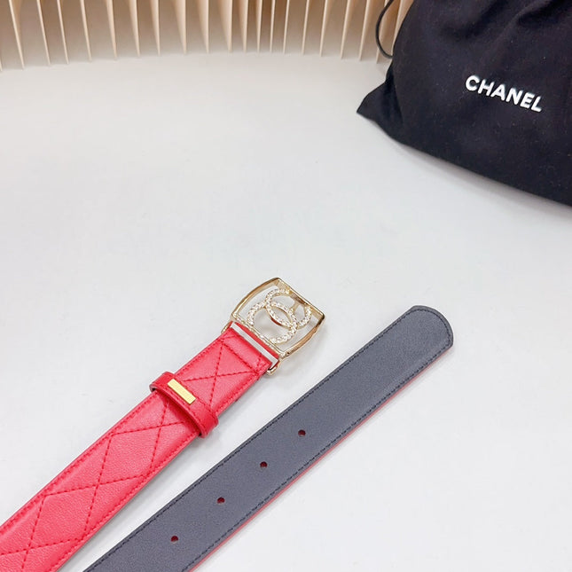 CC 30 MM BELT SQUARE BUCKLE IN CRIMSON RED EMBROIDERED CALFSKIN GOLD HARDWARE ATTACH RHINSTONES