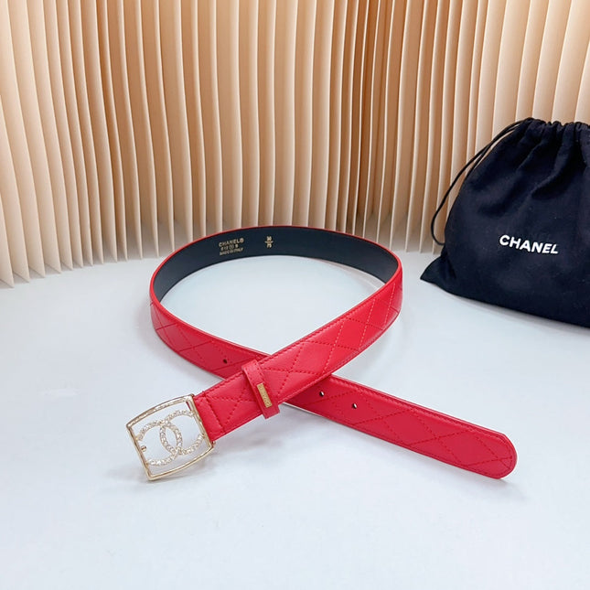 CC 30 MM BELT SQUARE BUCKLE IN CRIMSON RED EMBROIDERED CALFSKIN GOLD HARDWARE ATTACH RHINSTONES
