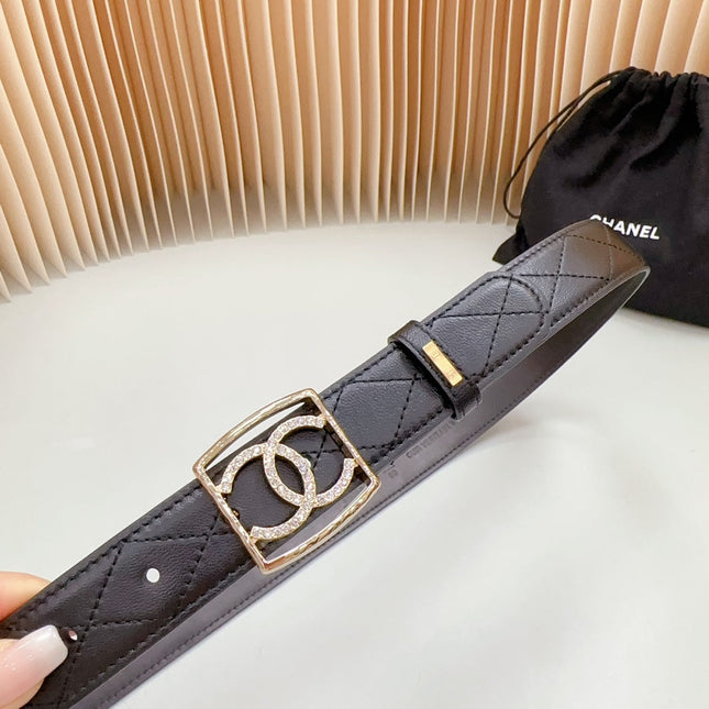 CC 30 MM BELT SQUARE BUCKLE IN BLACK EMBROIDERED CALFSKIN GOLD HARDWARE ATTACH RHINSTONES