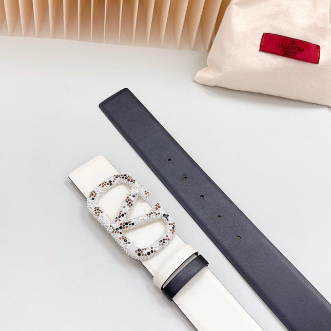 Vlogo Brown Black White Stone Silver Buckle Belt 40mm Black White Leather