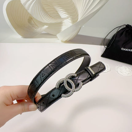 CC BELT 20 MM IN BLACK EMBROIDERED CALFSKIN WITH SILVER HARDWARE